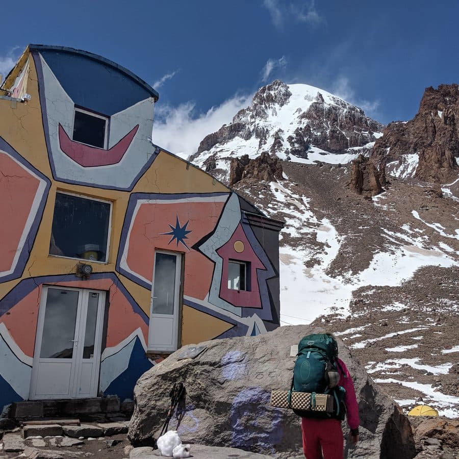 The brightly painted old weather station high on Mount Kazbek, July 2019