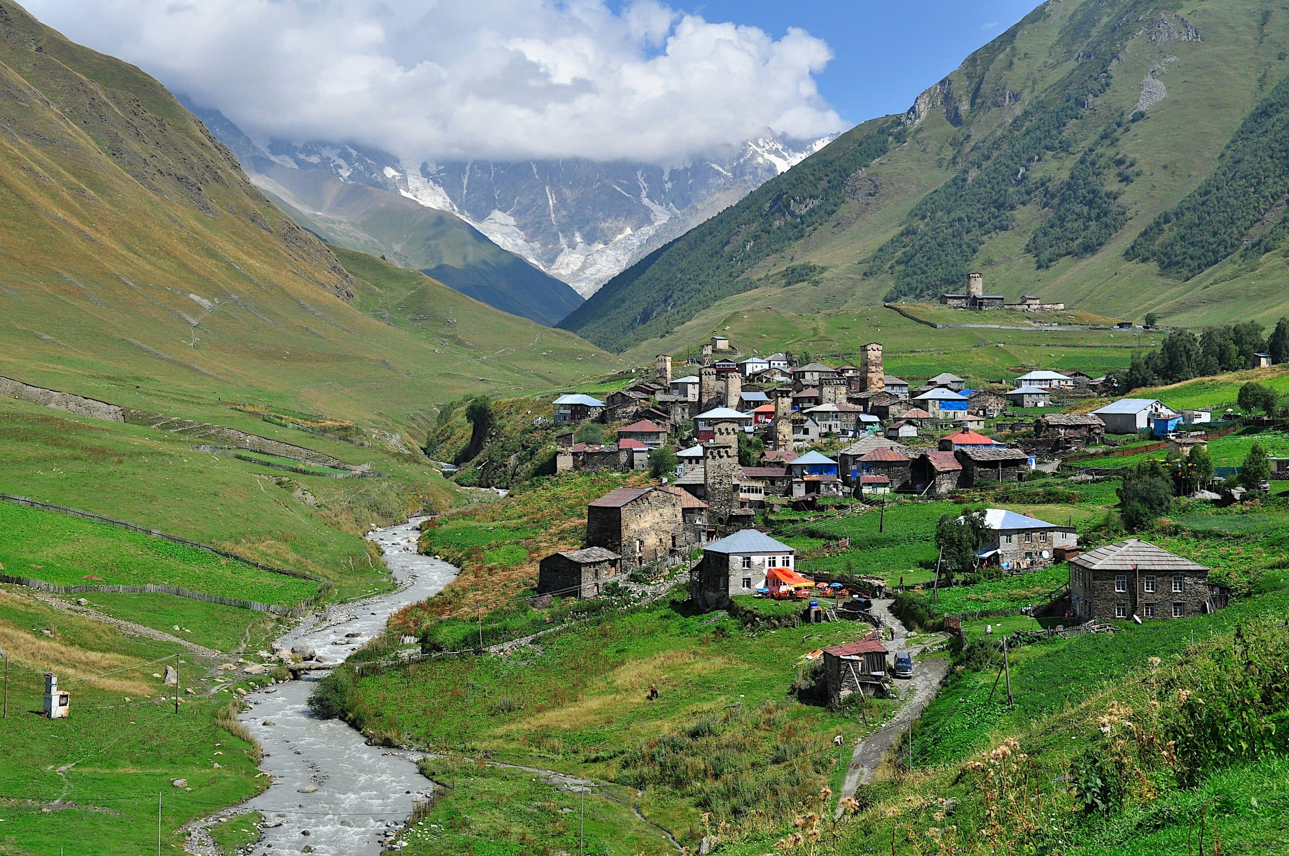 Ushguli — a Svan village of medieval stone towers below Mount Shkhara