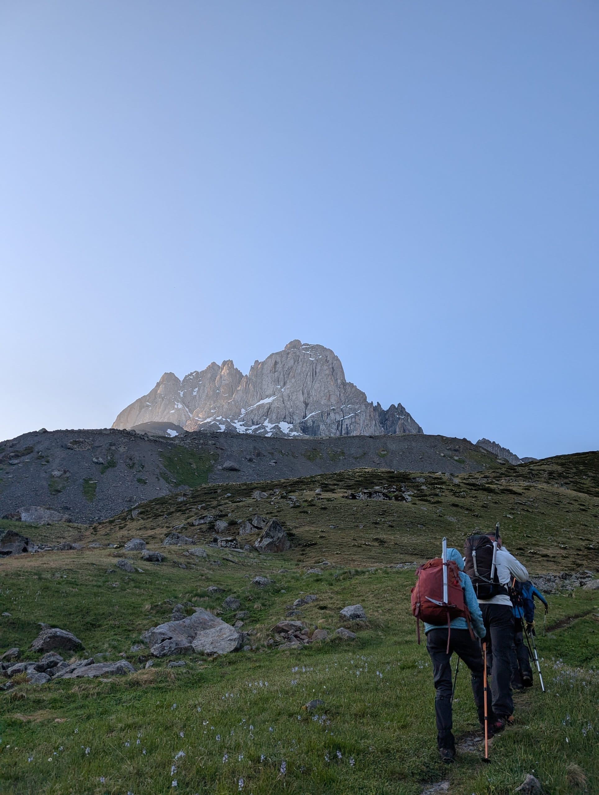 The sharp peaks of the Chaukhi Massif at dawn — the "Georgian Dolomites"